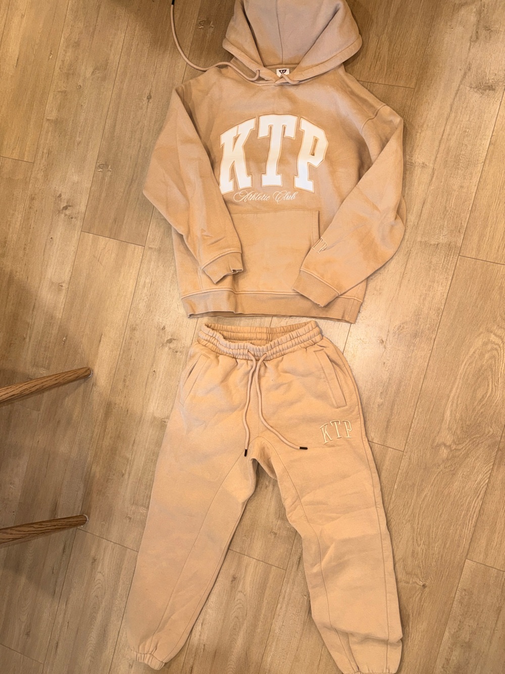 Tan Drawstring Sweat Set with Subtle Embroidery